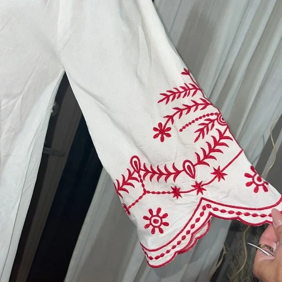 CC Chic Connection white tunic long shirt red embroidery tassel tie dress Small​ - Picture 7 of 16